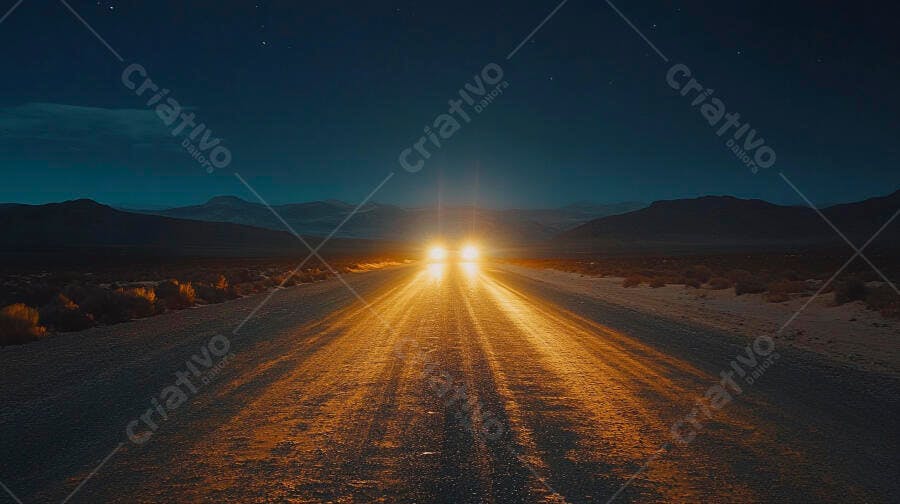 Faróis de carro iluminando estrada deserta à noite sob céu estrelado