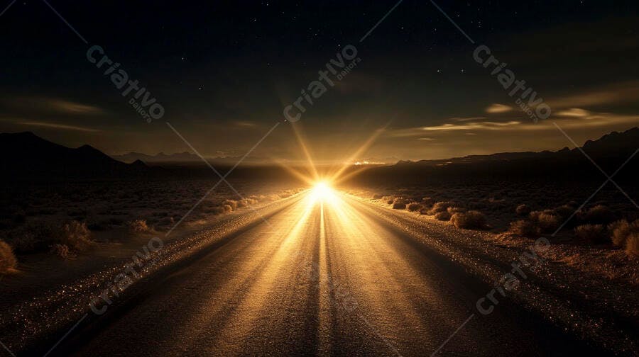 Estrada do deserto com luz dourada intensa no amanhecer entre montanhas