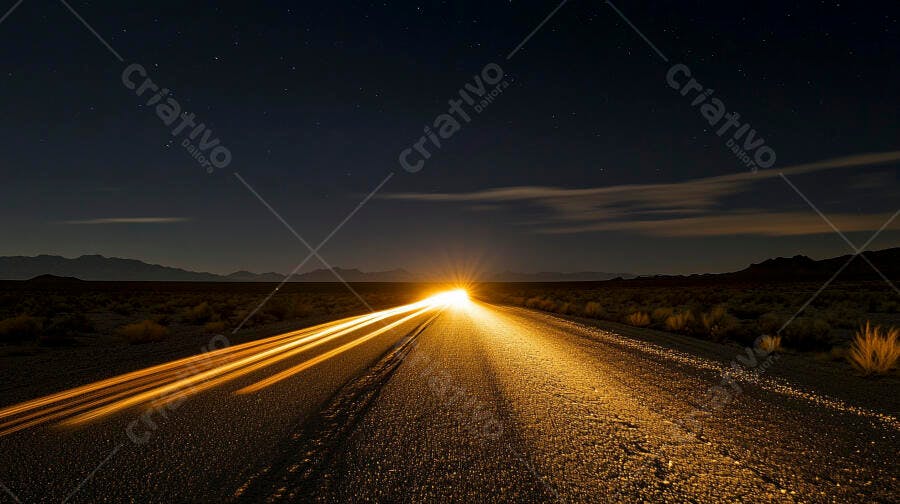 Carro viajando à noite em estrada deserta sob céu estrelado