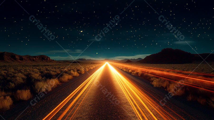 Estrada noturna no deserto com rastros de luz laranja sob céu estrelado