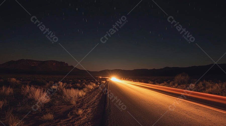 Estrada noturna no deserto com rastros de luzes de carro e estrelas