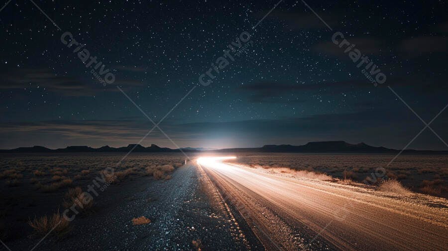 Estrada no deserto à noite com trilhas de luz sob céu estrelado