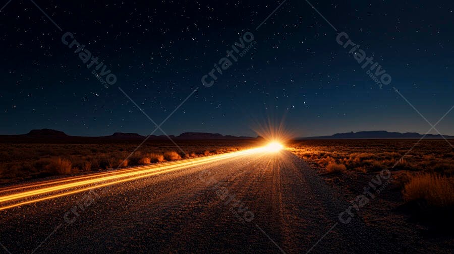 Estrada noturna no deserto com rastros de luz e estrelas cintilantes