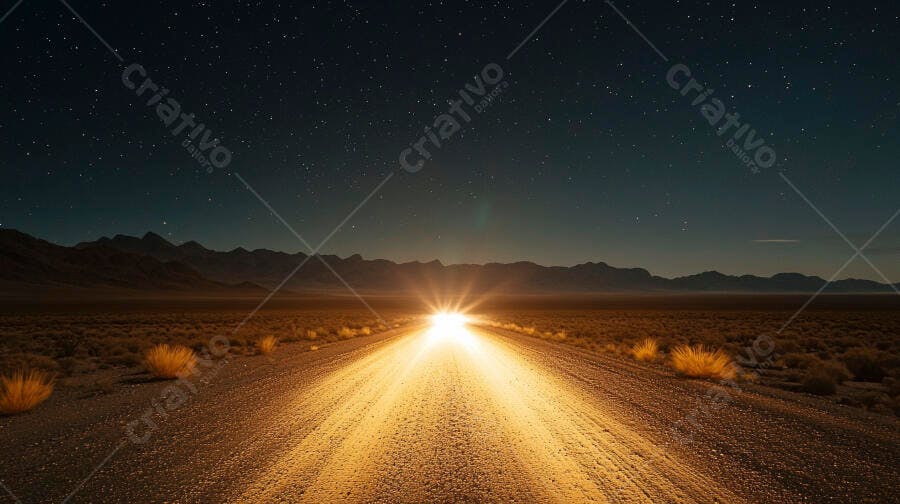 Carro iluminando estrada de terra no deserto sob céu estrelado noturno