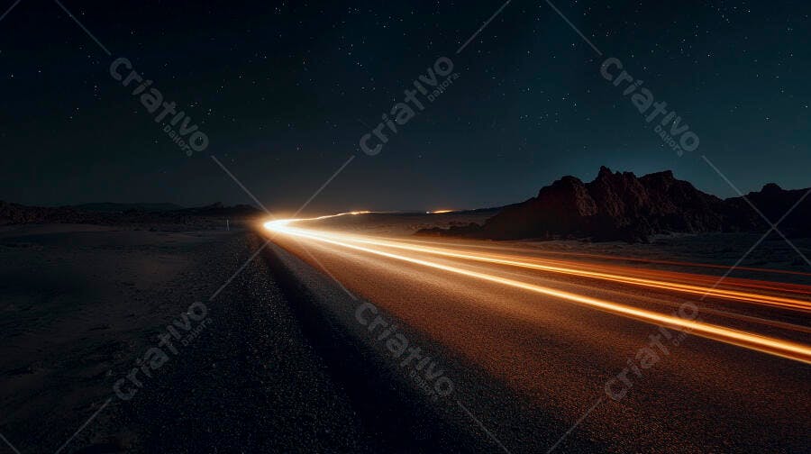 Rastros de luz laranja em estrada noturna deserta sob céu estrelado