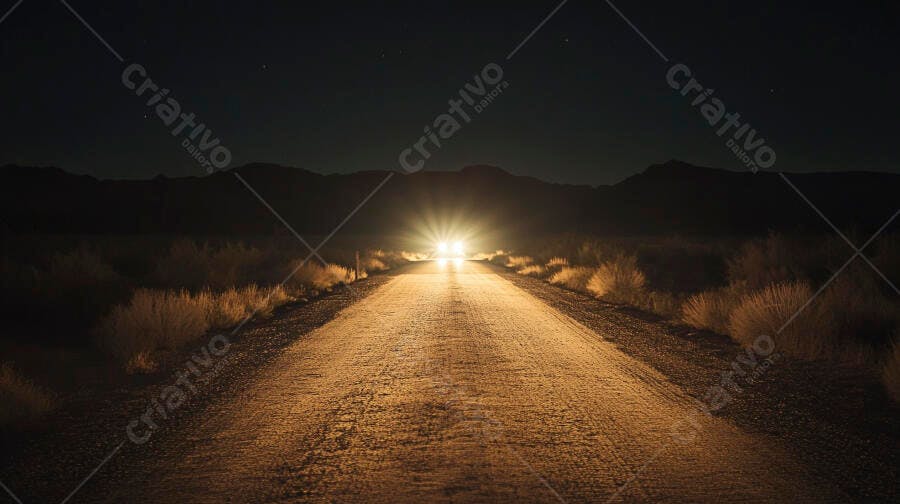 Faróis de carro iluminam estrada de terra no deserto sob céu estrelado à noite
