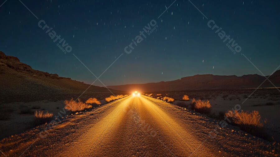 Estrada de terra iluminada por faróis sob céu estrelado no deserto