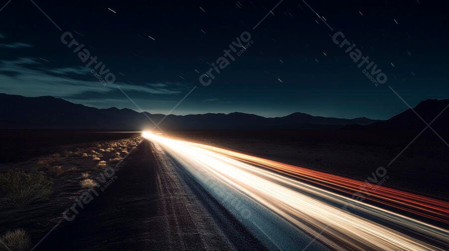 Rastros de luz de carros em estrada deserta montanhas ao fundo noite estrelada