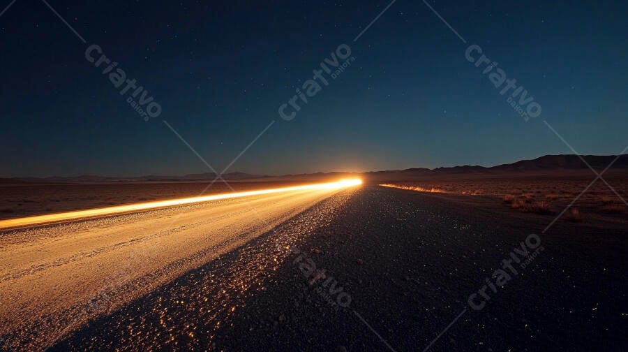 Estrada deserta à noite com rastro de luz de carro sob céu estrelado