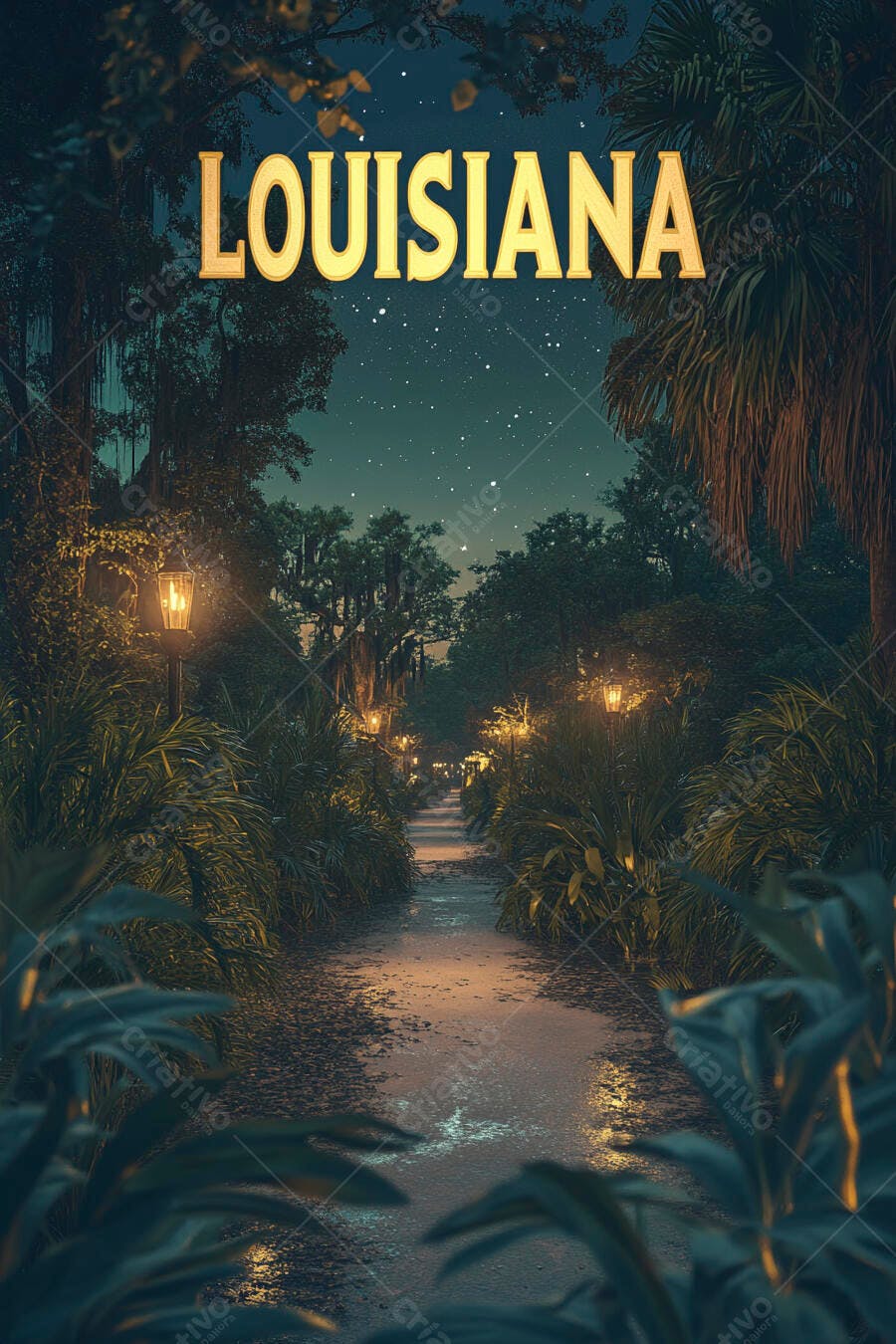 Louisiana caminho noturno em floresta exuberante com lanternas sob céu estrelado