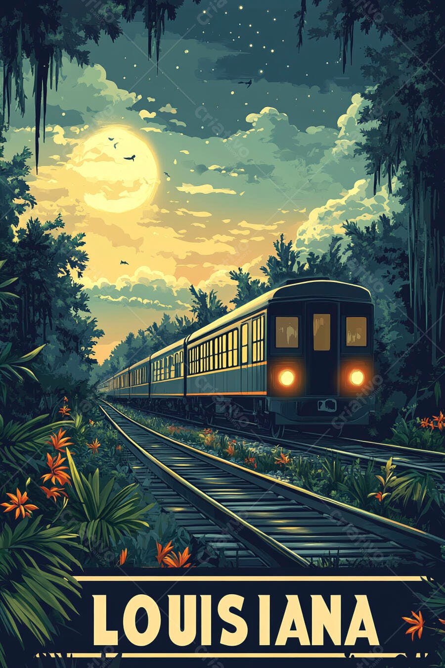 Trem noturno na floresta de Louisiana com lua cheia e pântano misterioso
