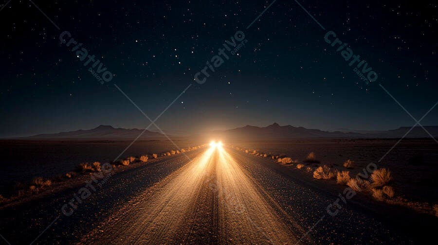 Estrada de terra iluminada por faróis de carro no deserto sob céu estrelado à noite
