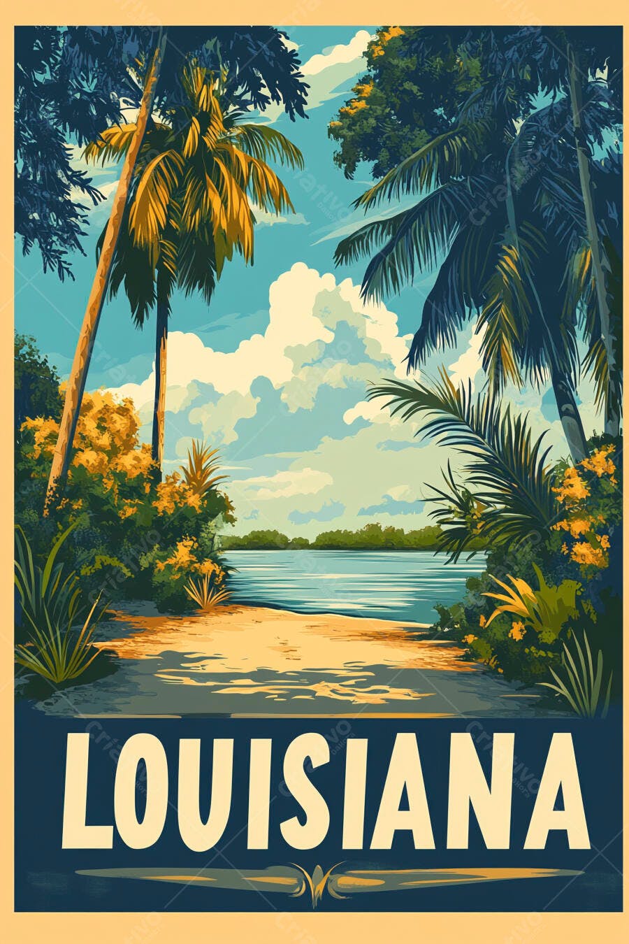Paisagem tropical Louisiana com palmeiras e lagoa ilustração vintage azul verde