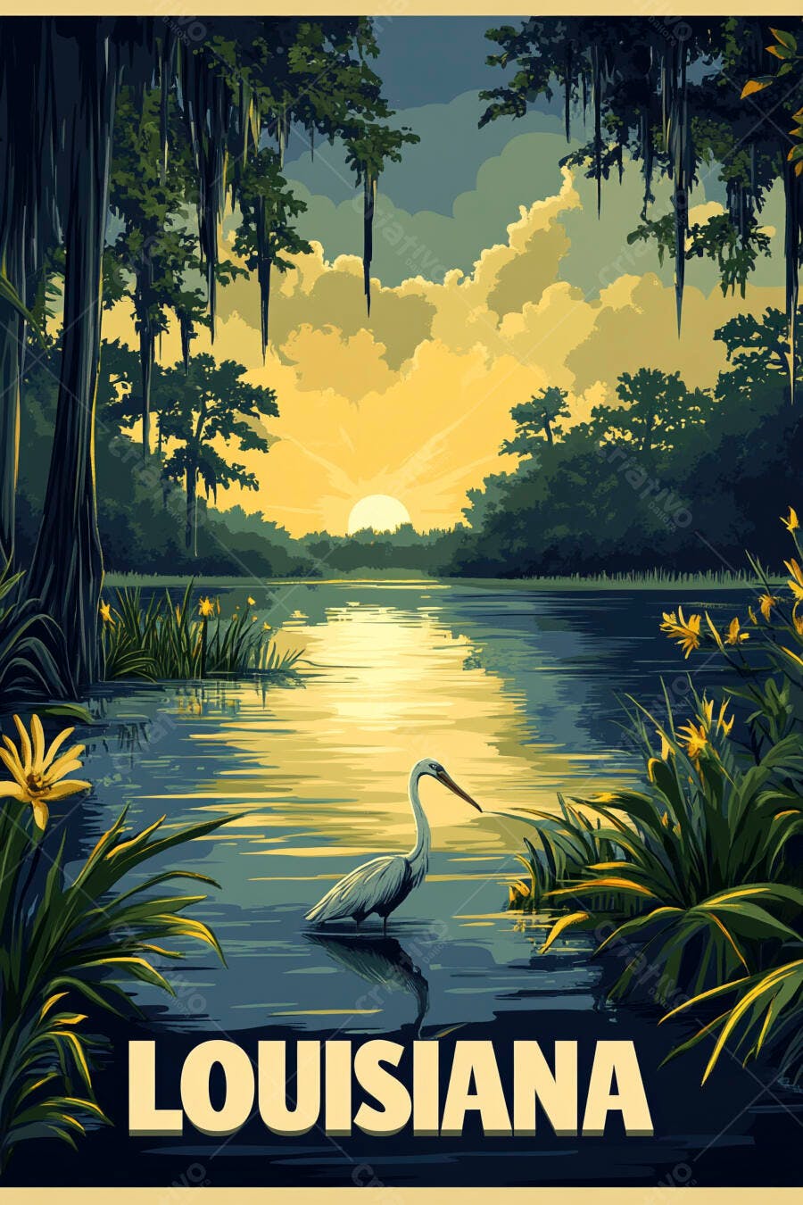 Garça branca em pântano da Louisiana ao nascer do sol dourado