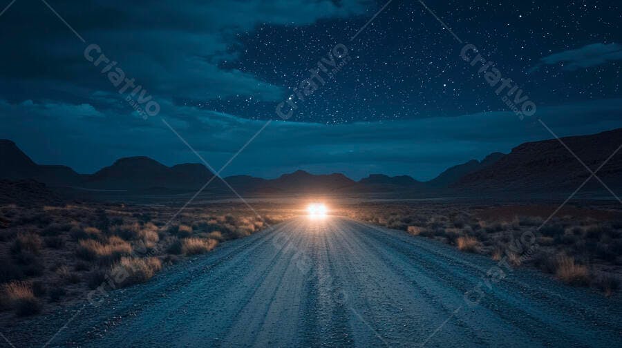 Estrada de terra iluminada por faróis sob céu estrelado azul escuro