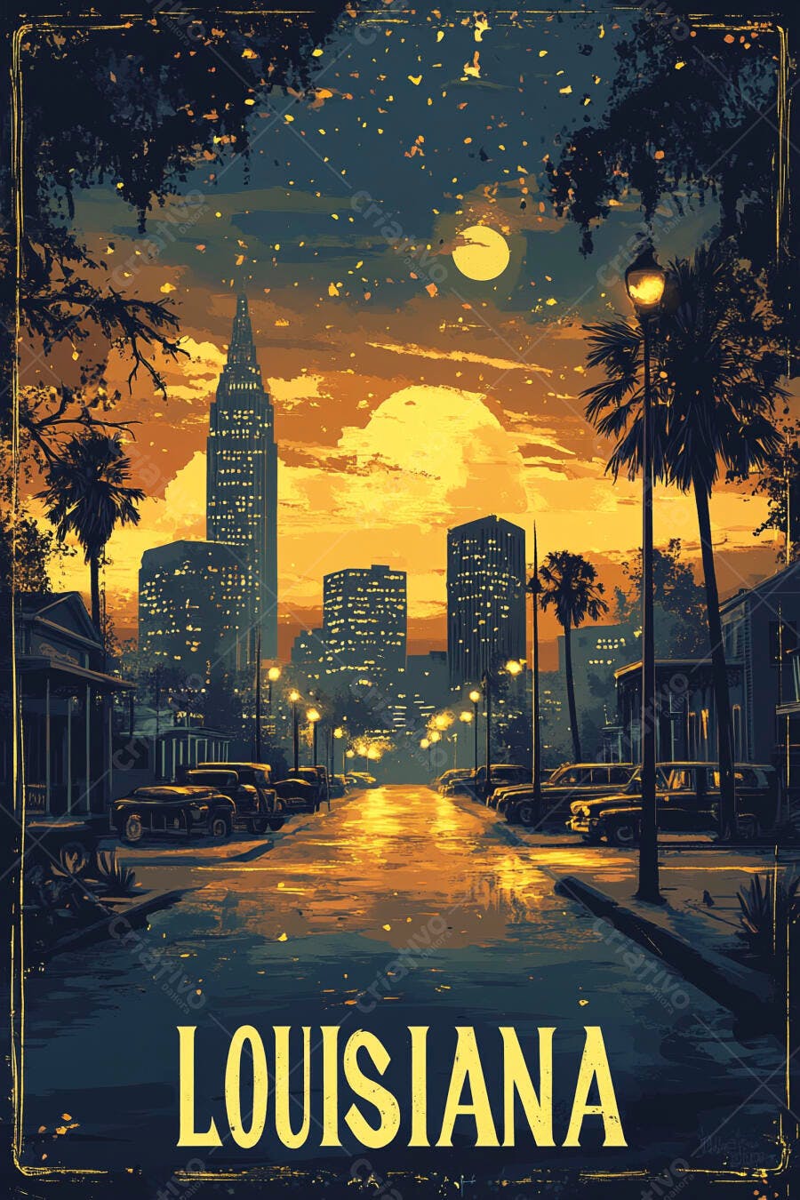 Cidade noturna Louisiana com arranha-céus e carros antigos ao pôr do sol