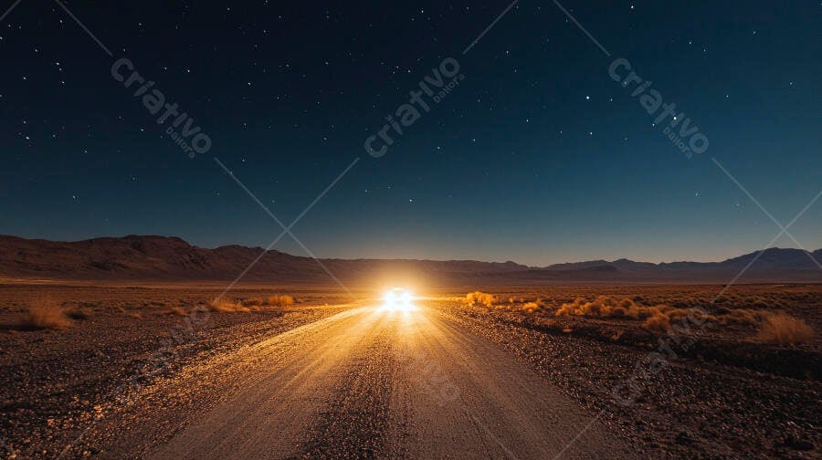 Carro com faróis acesos em estrada de terra no deserto sob vasto céu estrelado noturno