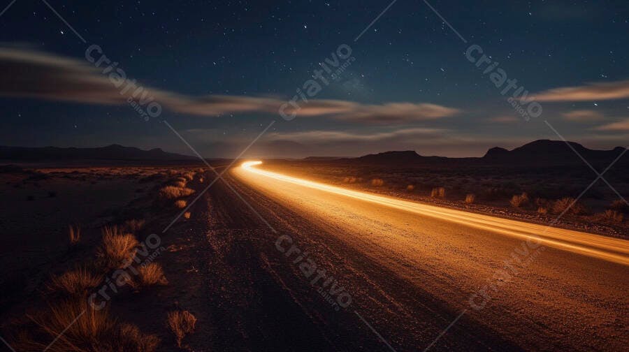 Estrada no deserto à noite com rastros de luz laranja sob céu estrelado