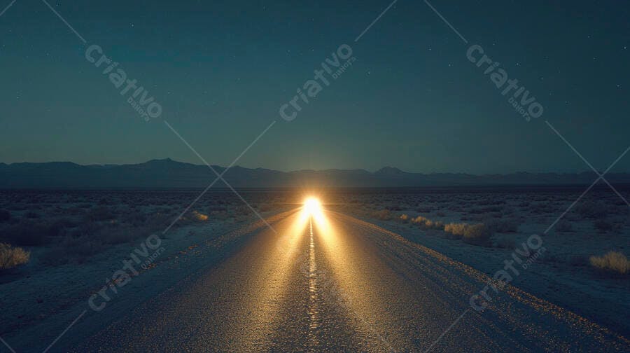 Estrada noturna no deserto com faróis acesos sob céu estrelado