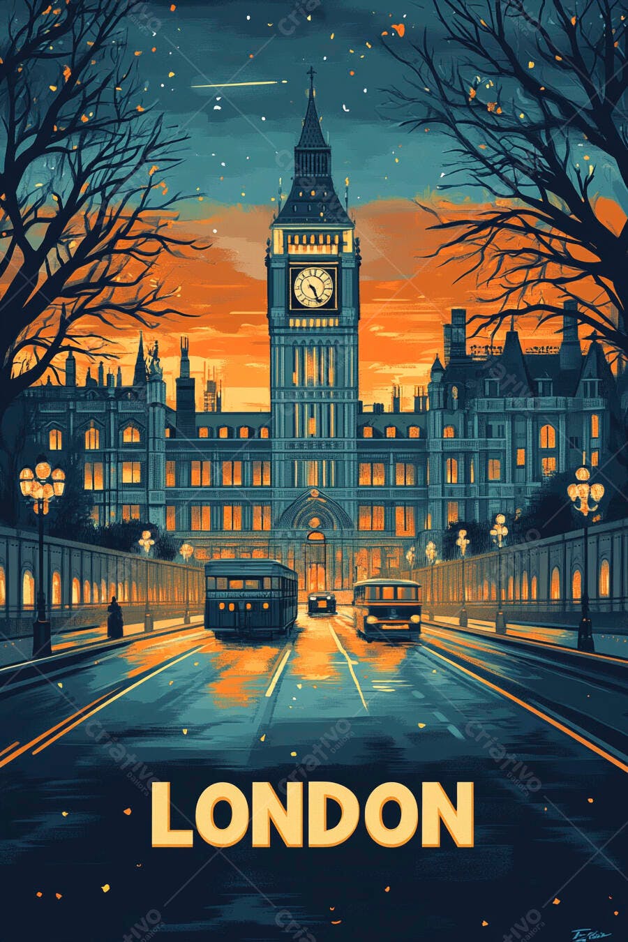 Big Ben Londres ao crepúsculo com ônibus e carros na rua molhada
