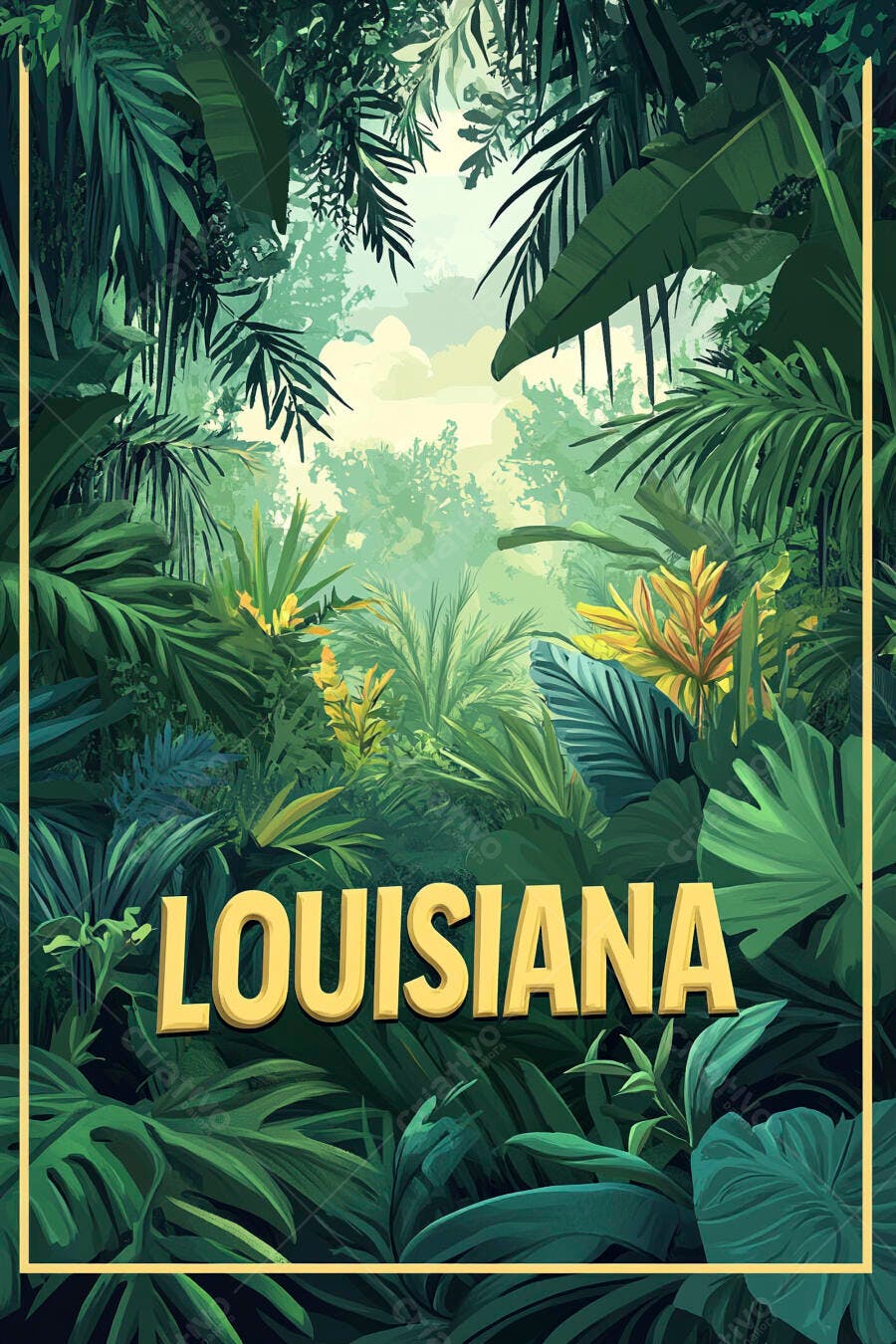 Pôster vintage de mata tropical exuberante Louisiana com folhagens verdes