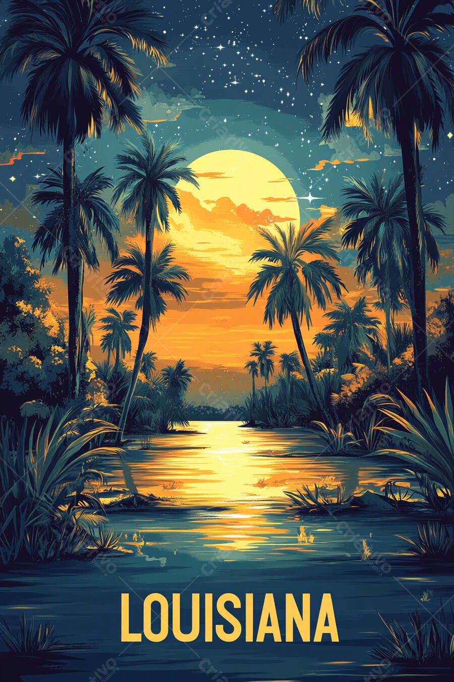 Paisagem tropical luar amarelo sobre rio e palmeiras na Louisiana arte vetorial