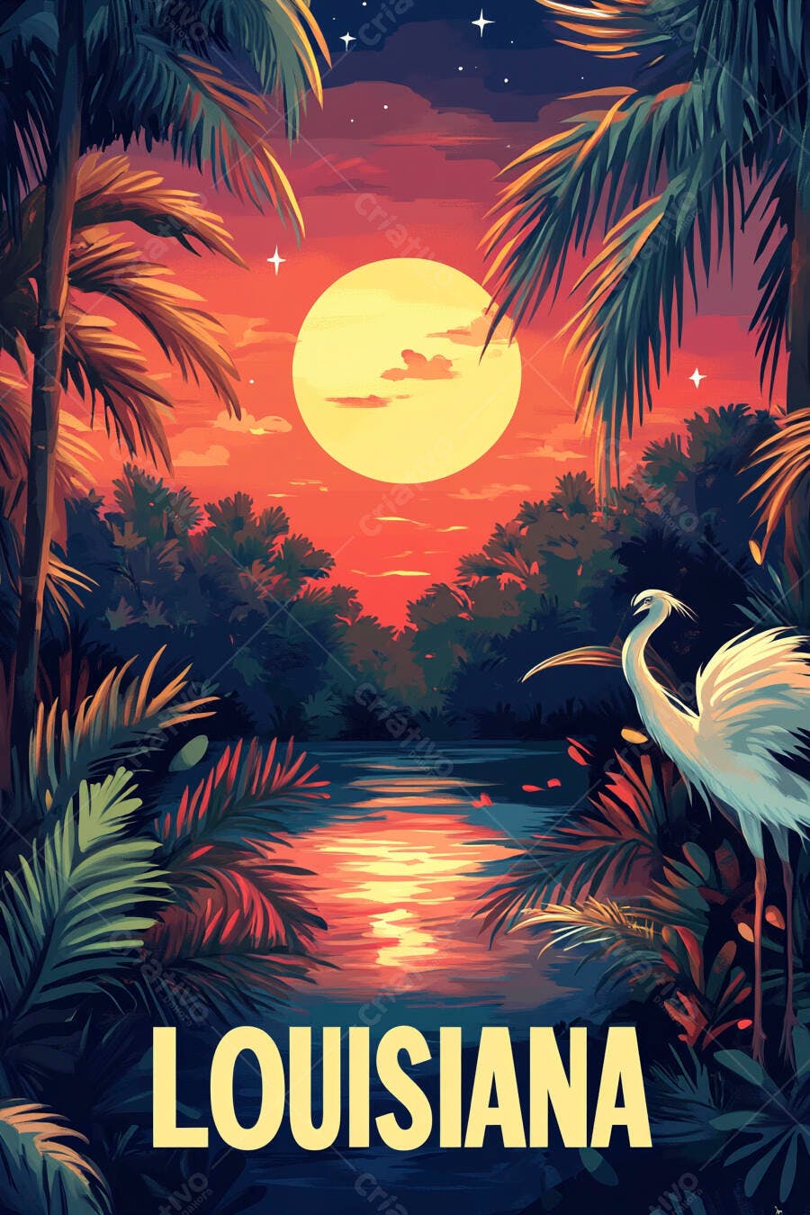 Garça branca em pântano tropical ao pôr do sol na Luisiana