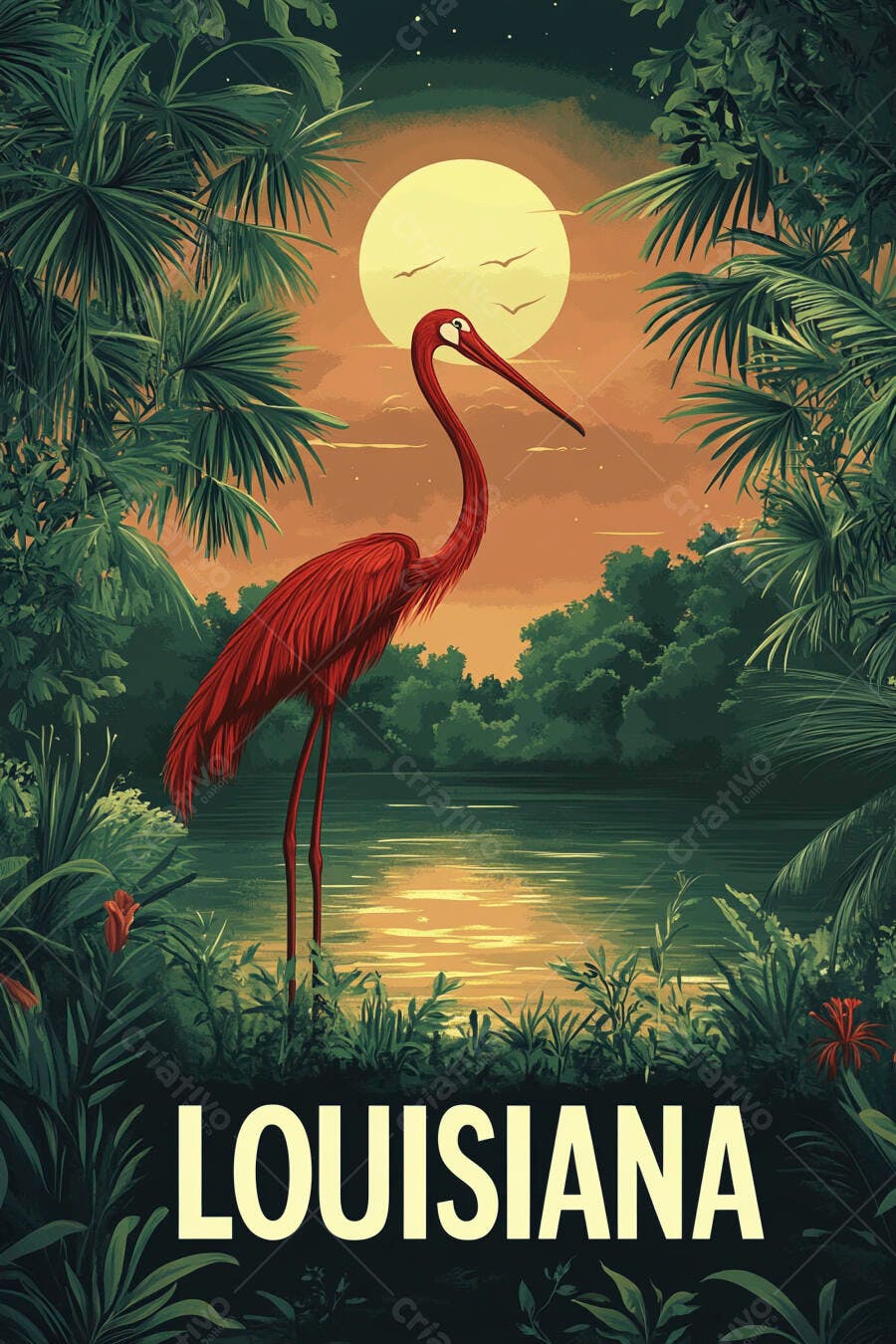 Íbis escarlate no pântano da Louisiana ao pôr do sol
