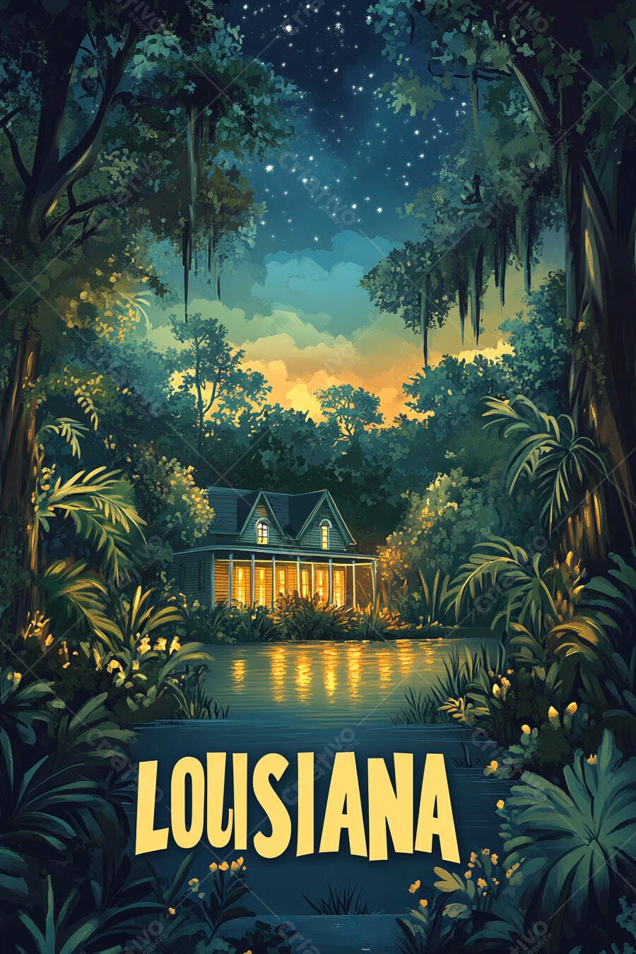 Casa iluminada em pântano da Louisiana com luzes refletidas em águas escuras sob céu estrelado