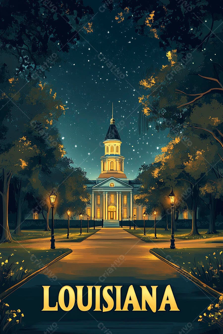 Edifício Capitol Louisiana noite estrelada com caminho iluminado e árvores