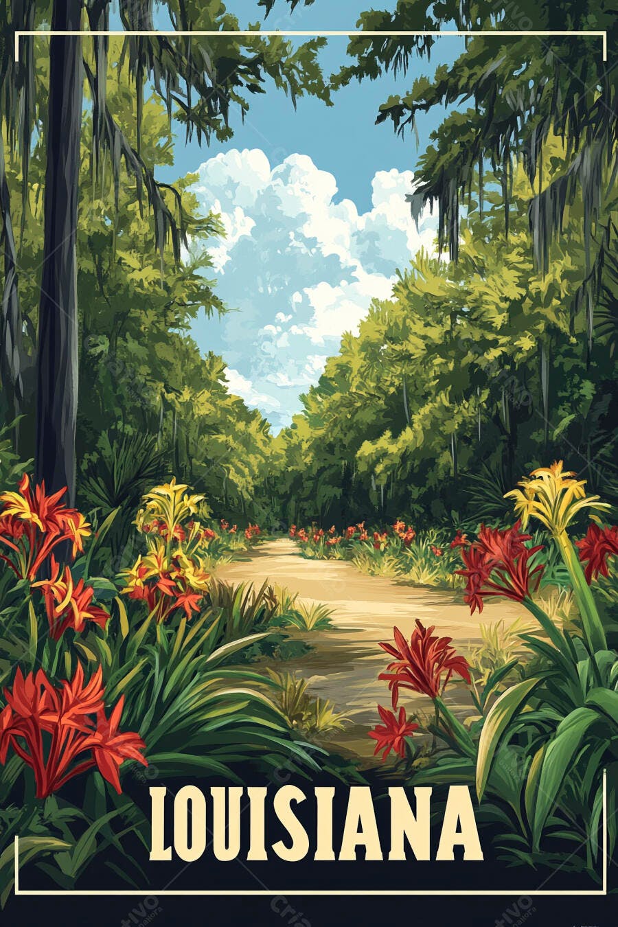 Paisagem de pântano na Louisiana com flores vermelhas e amarelas e árvores exuberantes
