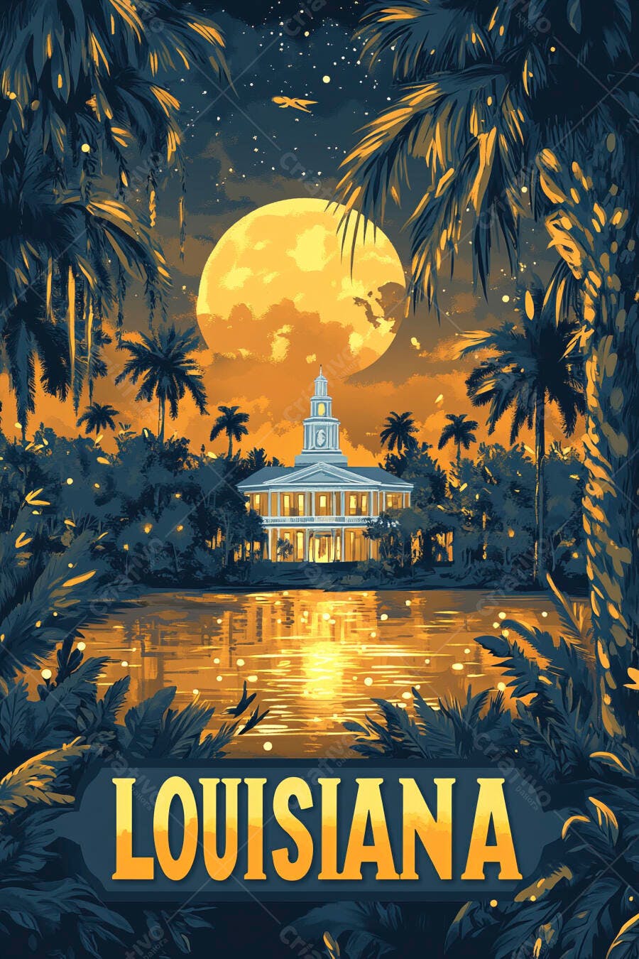 Edifício colonial na Louisiana à noite sob lua cheia dourada e palmeiras