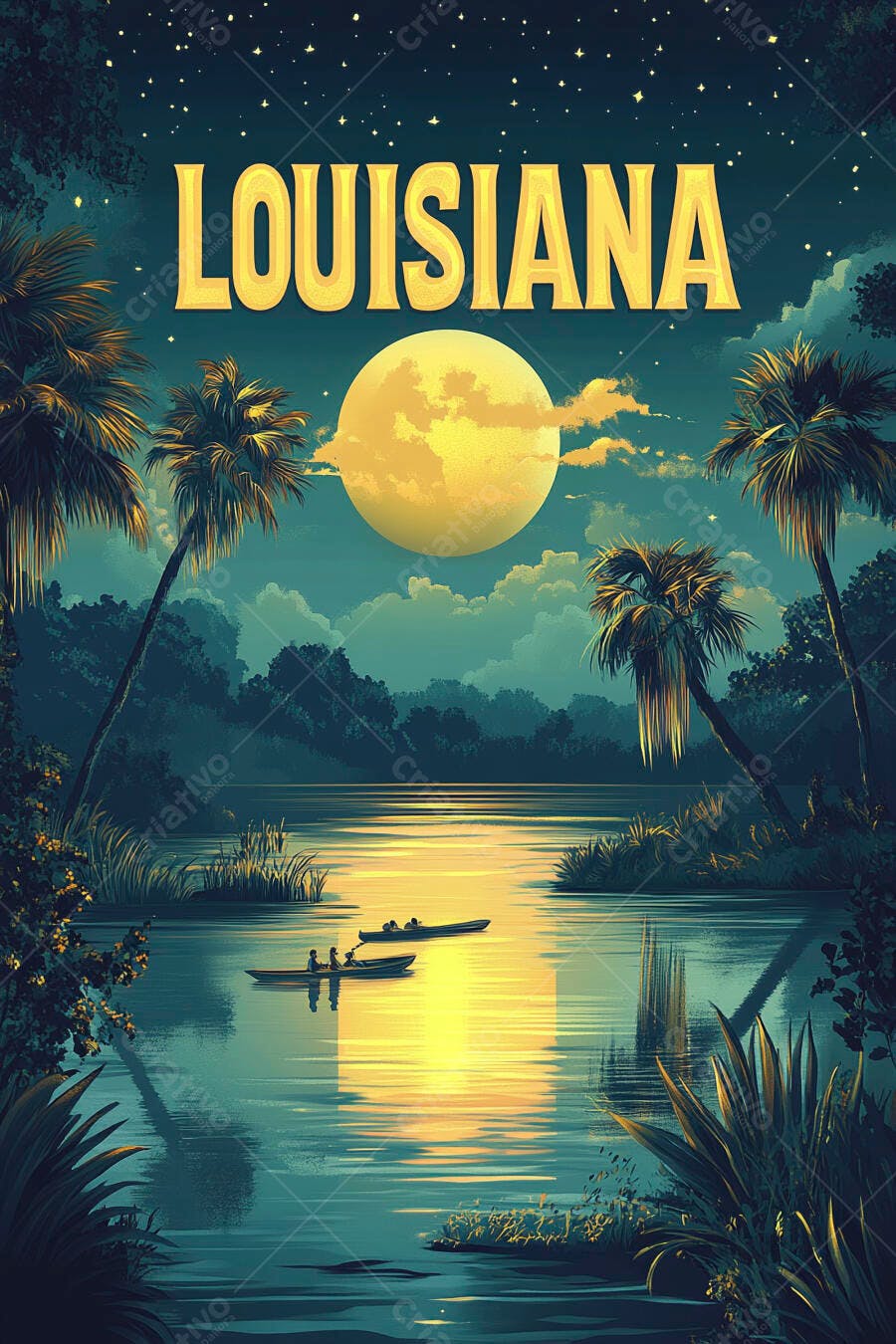 Louisiana paisagem noturna com lua cheia brilhante barcos e palmeiras