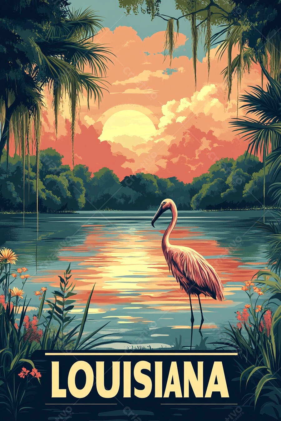 Flamingo rosa no pântano da Louisiana ao pôr do sol