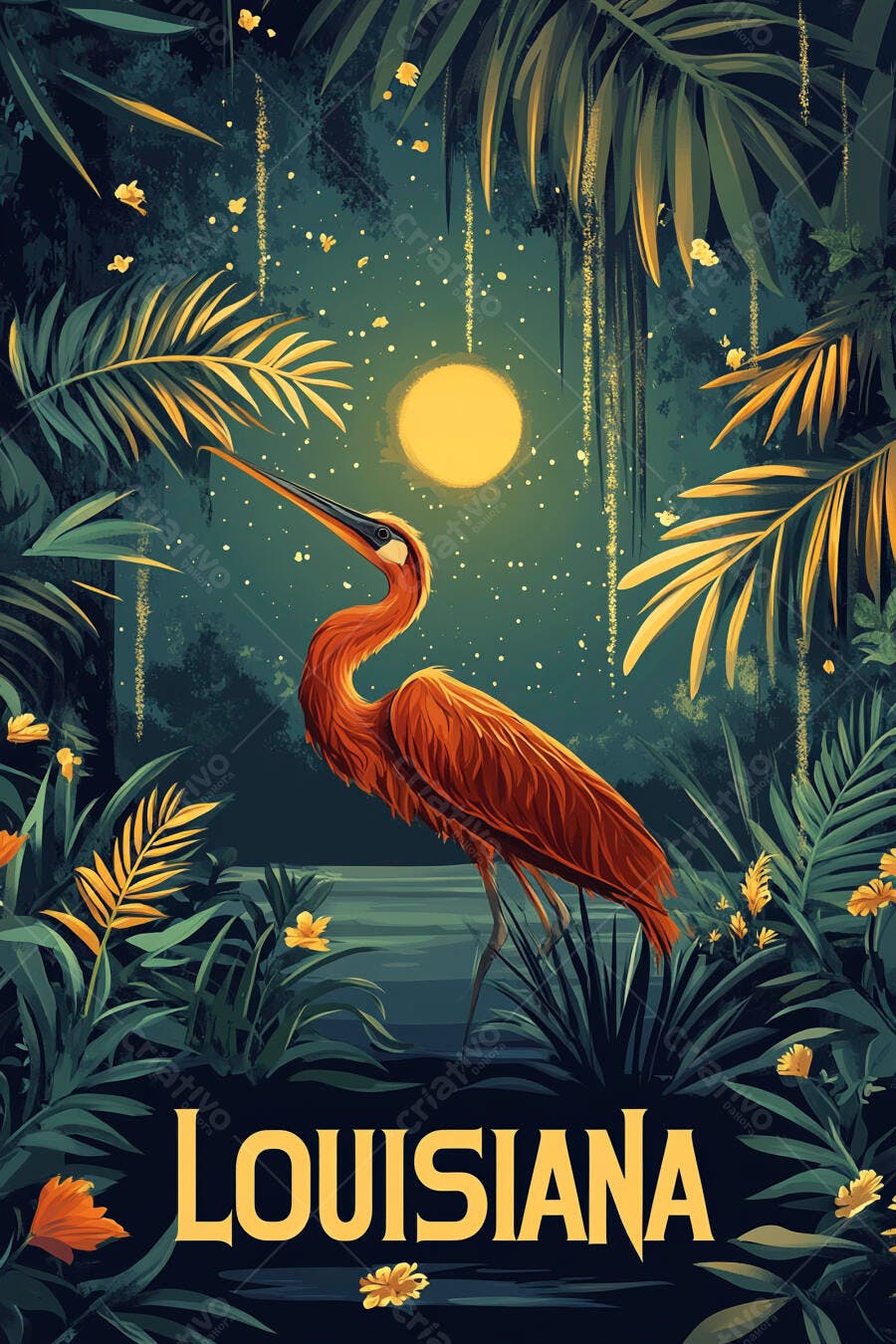 Íbis escarlate em pântano tropical da Louisiana sob lua cheia e folhagem verde