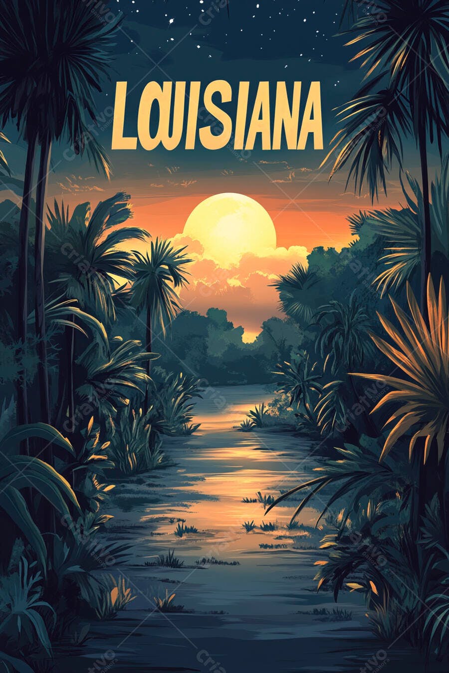 Pôr do sol alaranjado sobre rio da Louisiana com palmeiras e vegetação tropical
