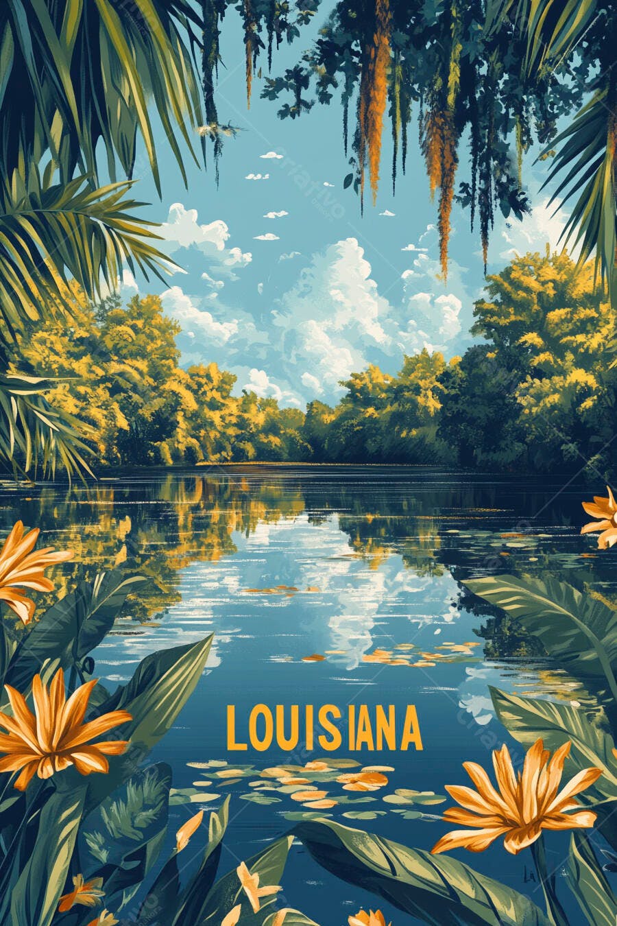 Paisagem do pântano da Louisiana com céu azul e vegetação exuberante