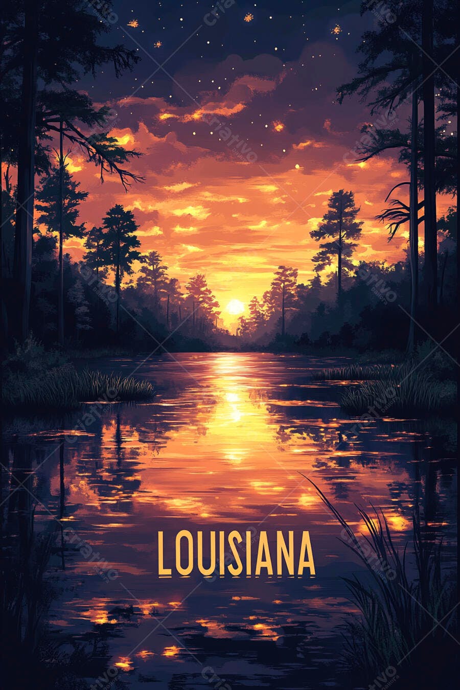 Pôr do sol vibrante no pântano de Louisiana com céu laranja e estrelas