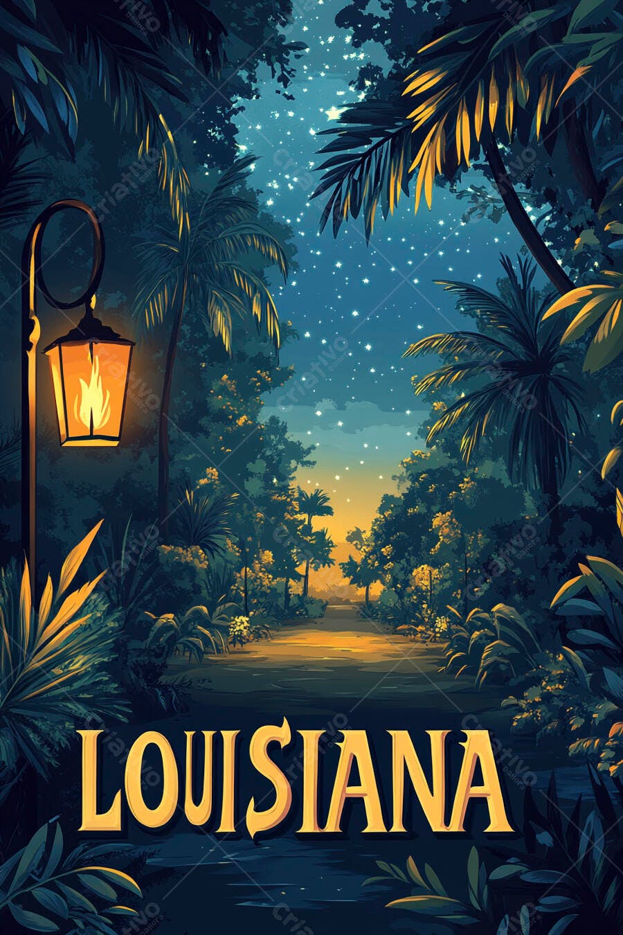 Cenário pântano da Louisiana noite estrelada com lanterna acesa e caminho