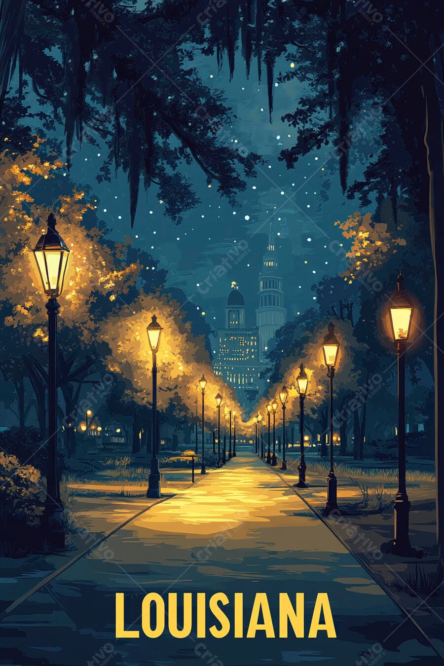 Caminho noturno com postes de luz e musgo espanhol em Louisiana ilustração