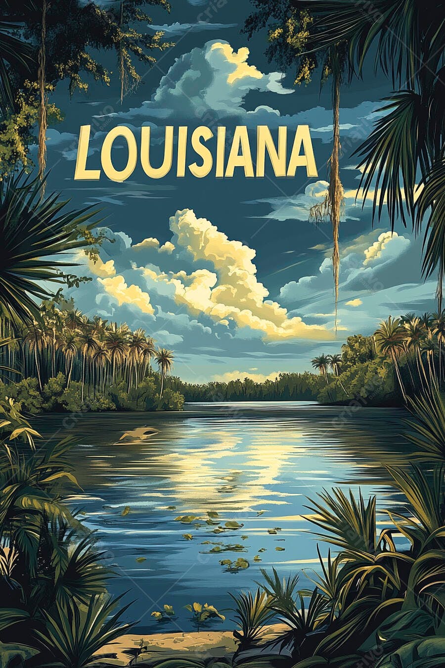 Louisiana paisagem de pântano com céu dramático e palmeiras