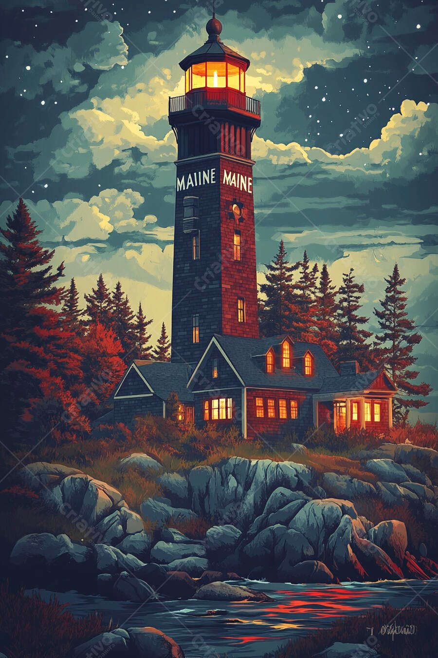 Farol vermelho e casa na costa do Maine à noite com pinheiros e céu estrelado
