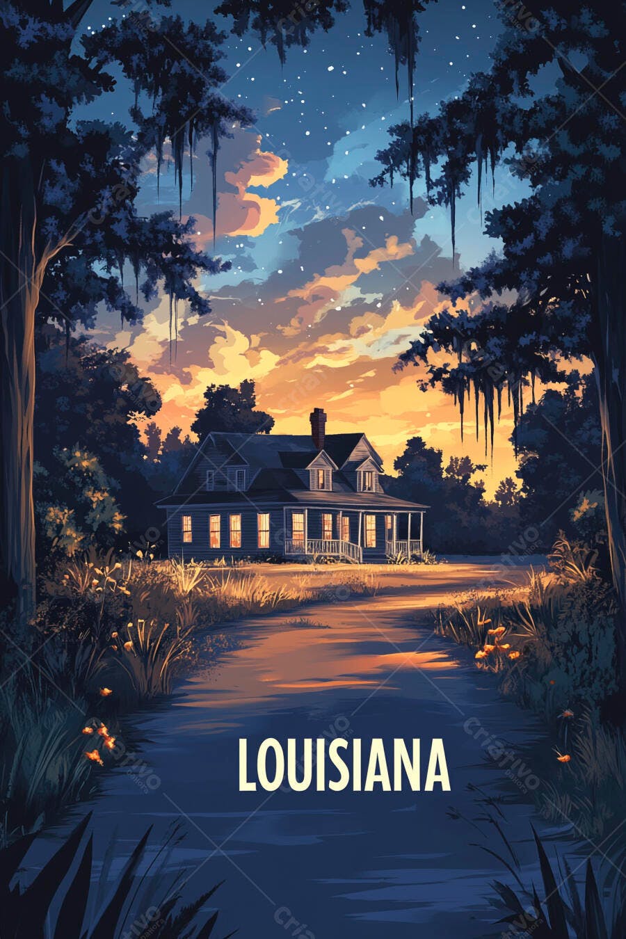 Casa rural no pântano da Louisiana ao pôr do sol com céu estrelado