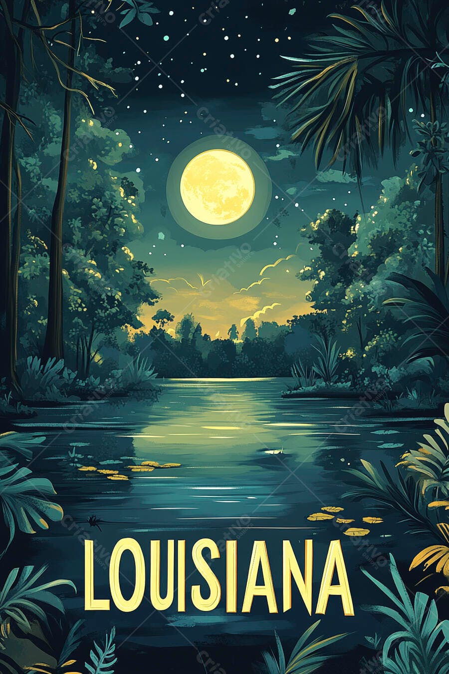 Louisiana paisagem noturna lago floresta iluminada por lua cheia e estrelas