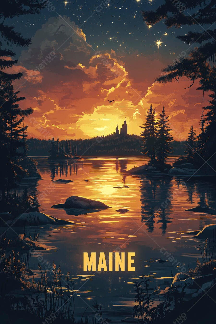 Lago com pôr do sol laranja e céu estrelado refletido floresta e castelo Maine