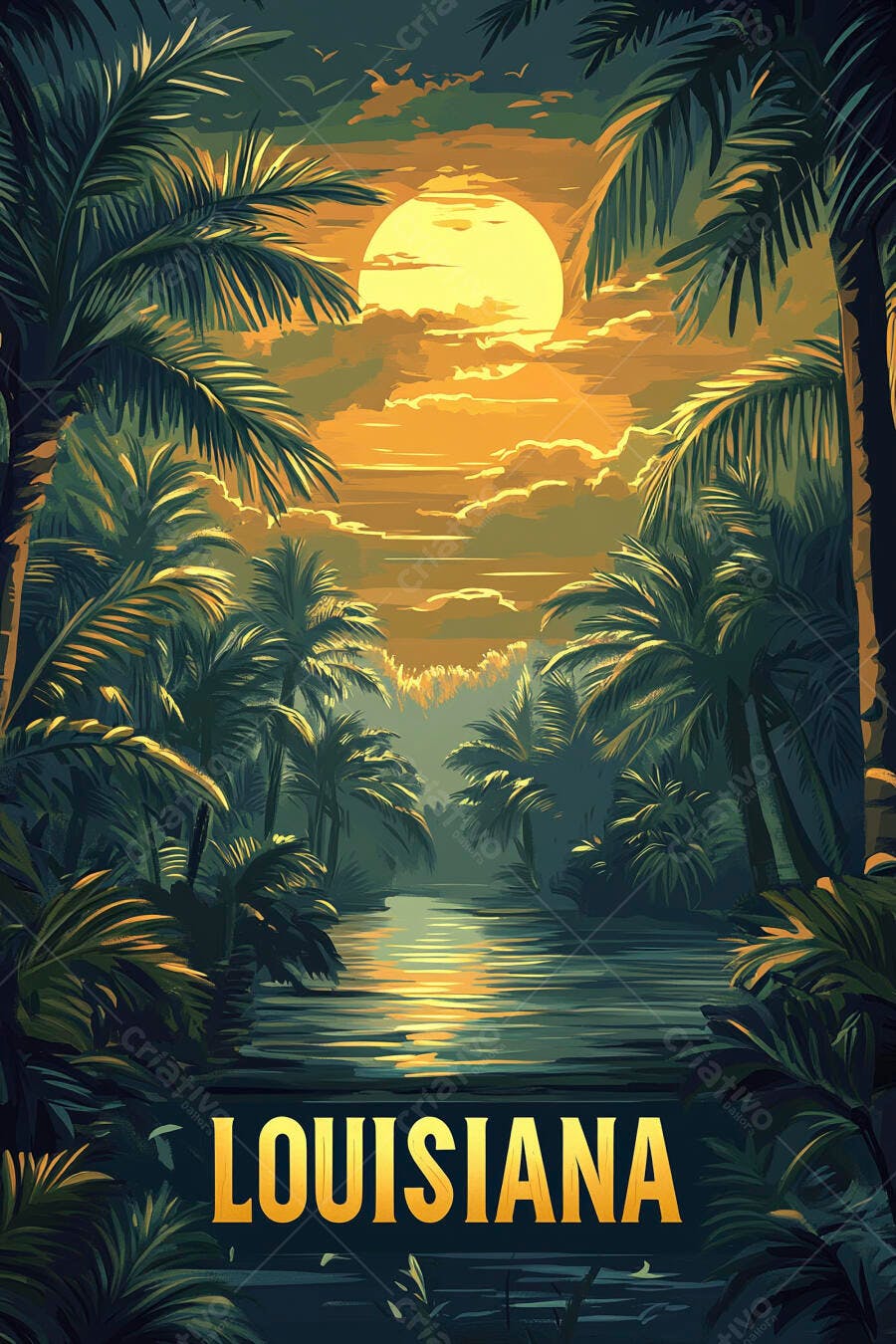 Louisiana pôr do sol em pântano tropical com palmeiras e rio dourado
