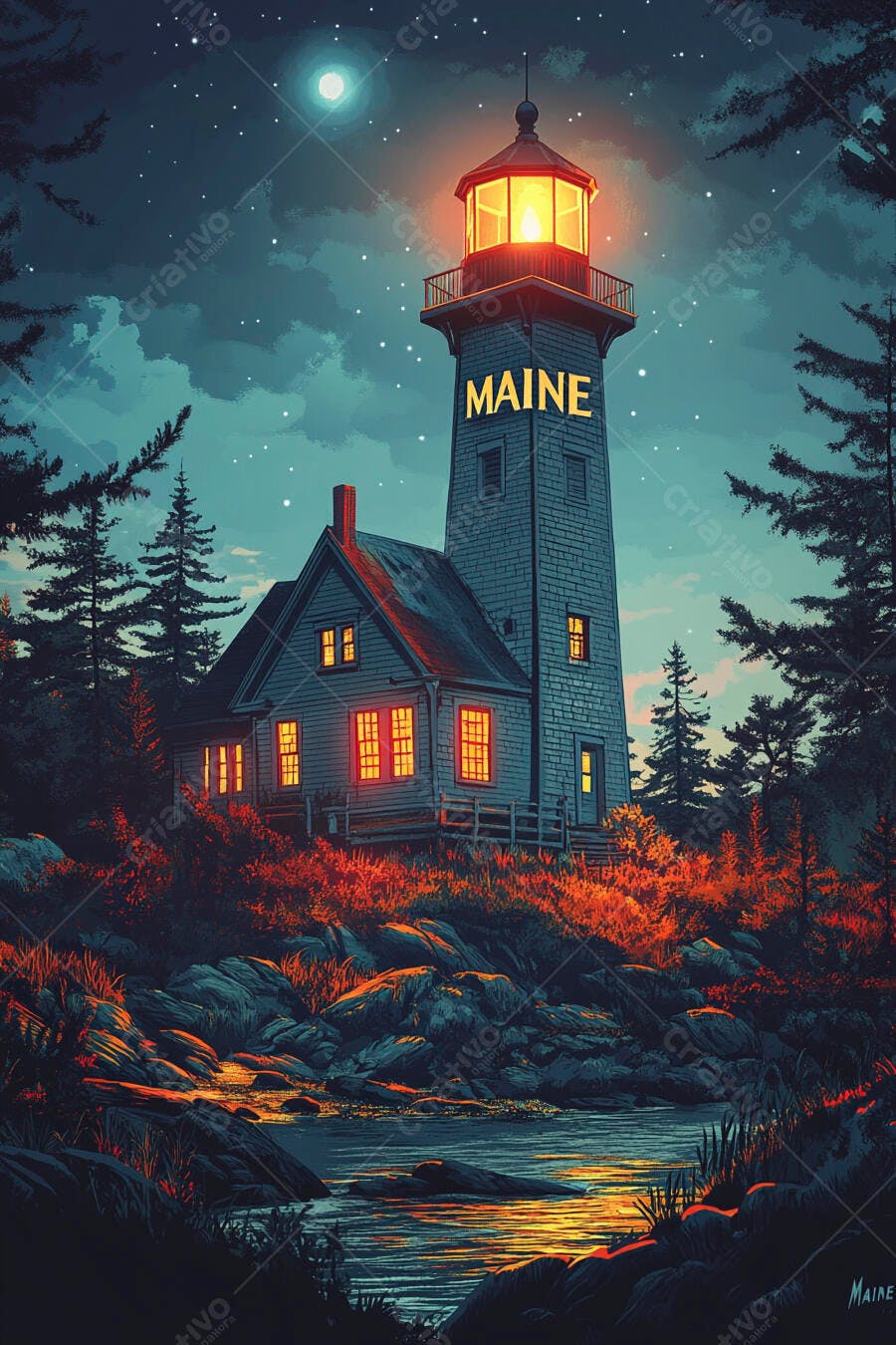 Farol e casa costeira no Maine à noite sob a lua cheia e estrelas