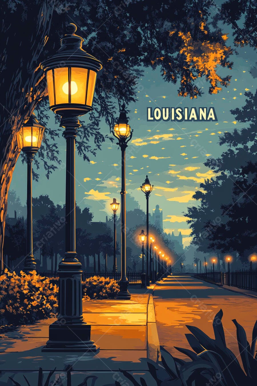 Postes de luz antigos iluminam rua em Louisiana ao anoitecer