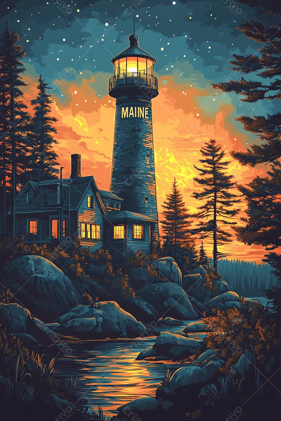 Farol histórico de Maine ao pôr do sol laranja com casa costeira e rio