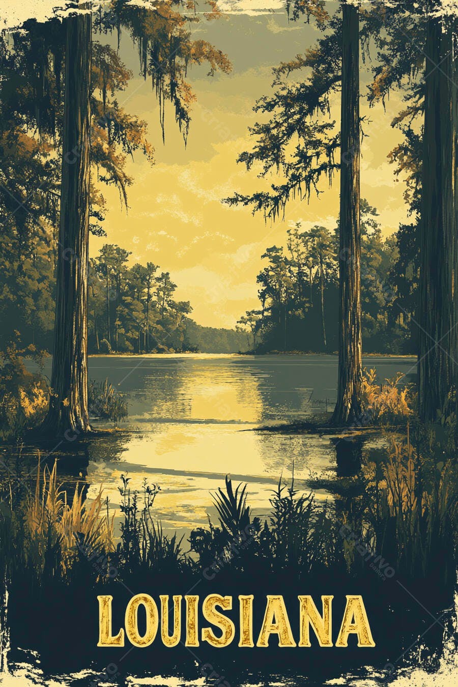 Paisagem de pântano Louisiana com ciprestes e reflexo dourado ao entardecer